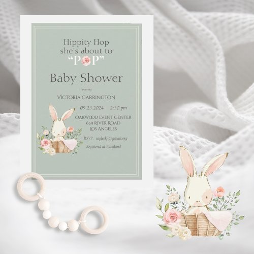 Hippity Hop Bunny Watercolor Modern Baby Shower Invitation