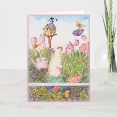 Hippity Hoppity Easter Bunny Birdhouse Holiday Card