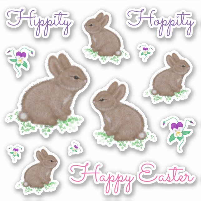 Hippity Hoppity Happy Easter Bunnies and Flowers Sticker (Front)