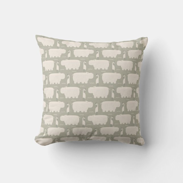 Hippo and bird - sage green - nursery throw pillow (Front)