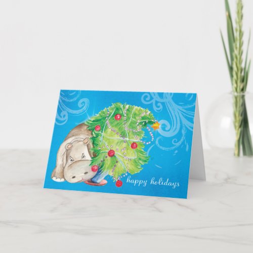 Hippo and Christmas tree tumble Holiday Card