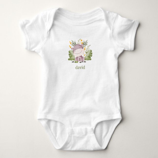 Hippo and Foliage Boy’s Personalized Baby Bodysuit (Front)