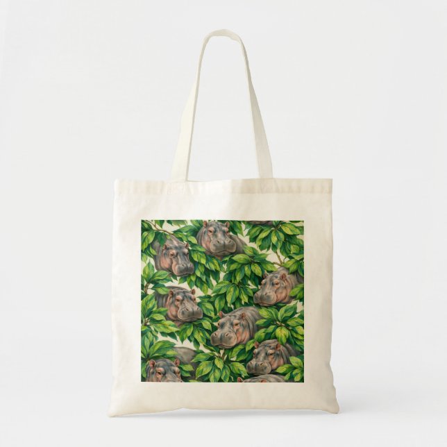 Hippo and Tropical Leaves Pattern Tote Bag (Front)