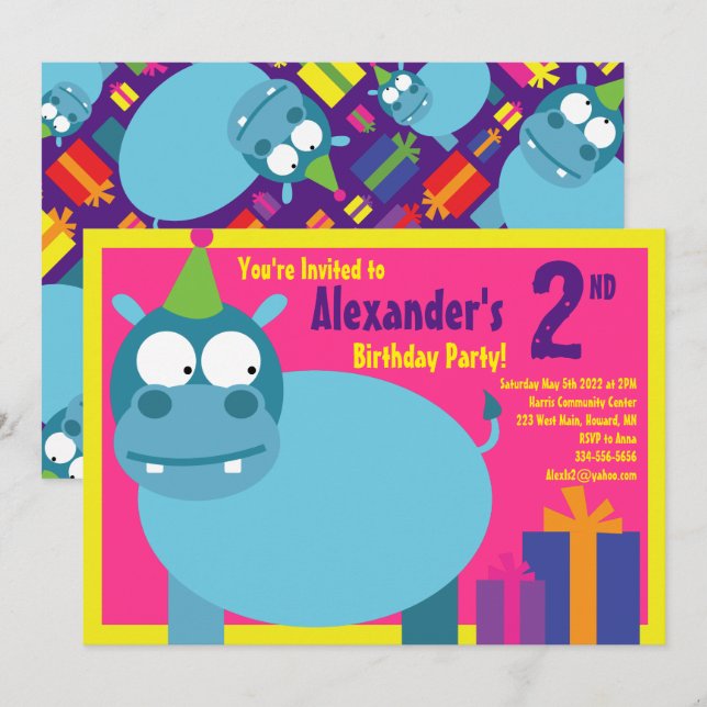 Hippo Animal Kid's Birthday Party Invitations (Front/Back)