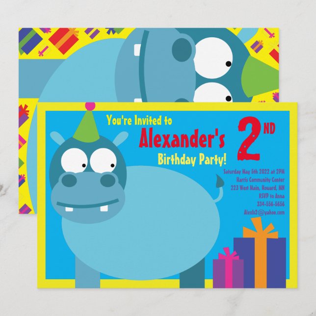 Hippo Animal Kid's Birthday Party Invitations (Front/Back)