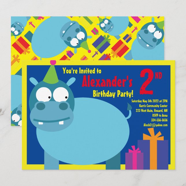 Hippo Animal Kid's Birthday Party Invitations (Front/Back)