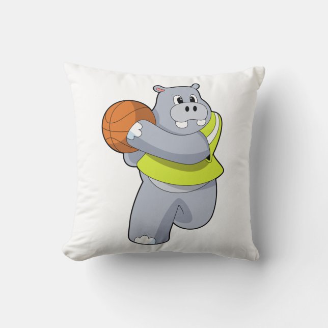 Hippo as Basketball player with Basketball.PNG Throw Pillow (Front)