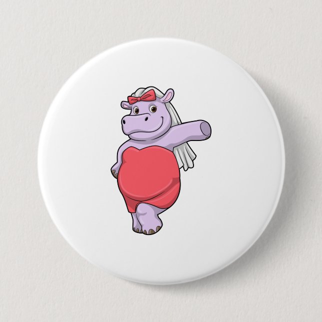 Hippo as Bride with Veil & Bow Button (Front)