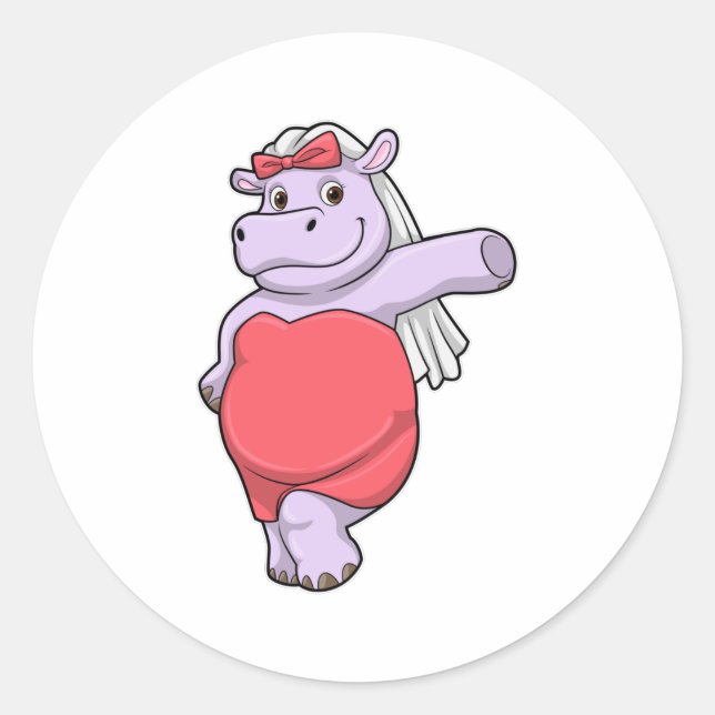 Hippo as Bride with Veil & Bow Classic Round Sticker (Front)
