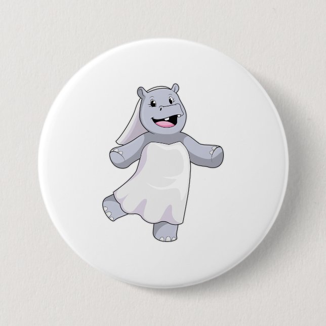 Hippo as Bride with Veil Button (Front)