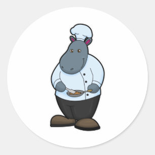 Hippo as Cook with Pan Classic Round Sticker