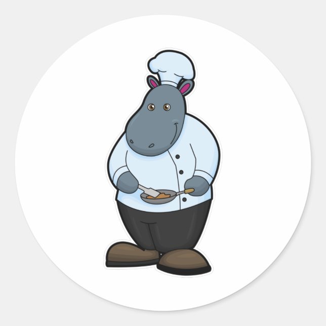 Hippo as Cook with Pan Classic Round Sticker (Front)
