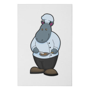 Hippo as Cook with Pan Faux Canvas Print