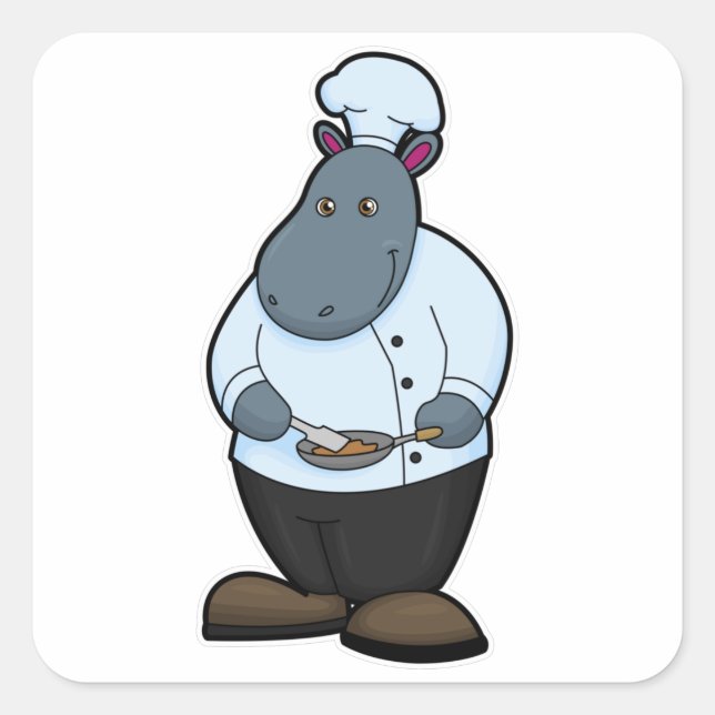 Hippo as Cook with Pan Square Sticker (Front)