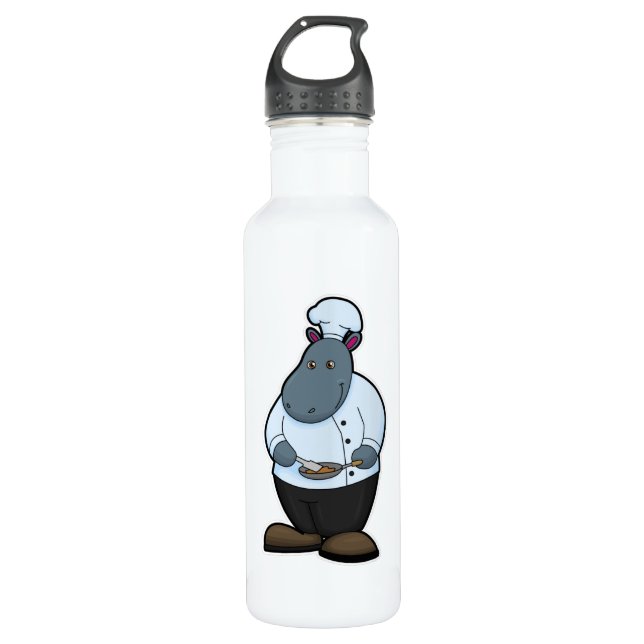 Hippo as Cook with Pan Stainless Steel Water Bottle (Front)