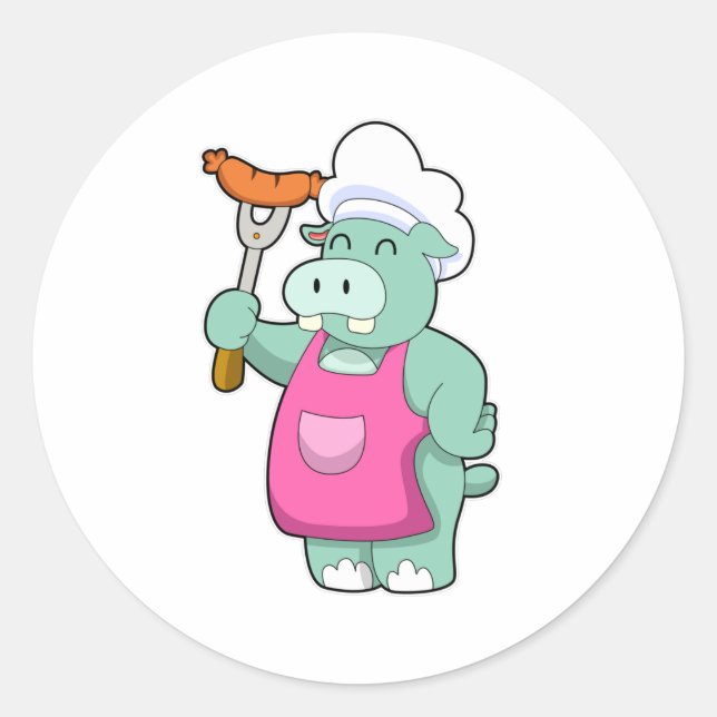 Hippo as Cook with Sausage Classic Round Sticker (Front)