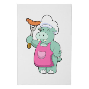 Hippo as Cook with Sausage Faux Canvas Print