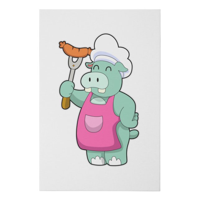 Hippo as Cook with Sausage Faux Canvas Print (Front)