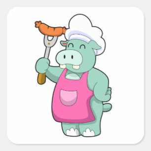 Hippo as Cook with Sausage Square Sticker