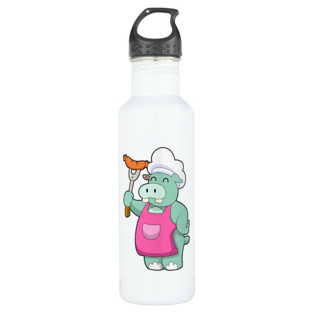 Hippo as Cook with Sausage Stainless Steel Water Bottle (Front)