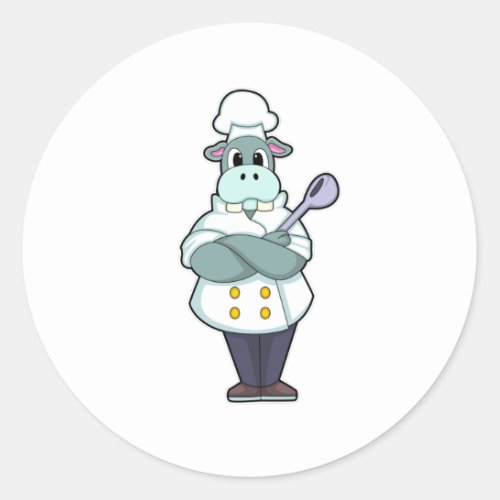 Hippo as Cook with Wooden spoon  Cooking apron Classic Round Sticker