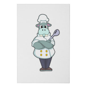 Hippo as Cook with Wooden spoon & Cooking apron Faux Canvas Print