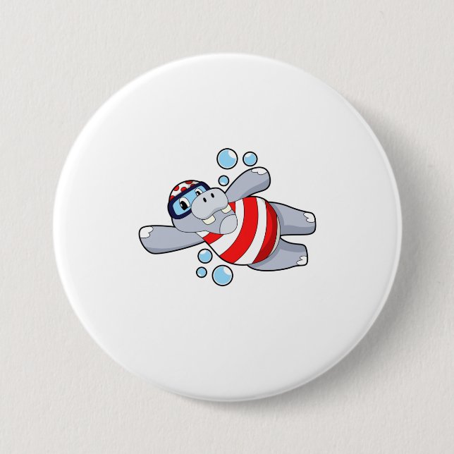 Hippo as Diver with Swimming goggles Button (Front)