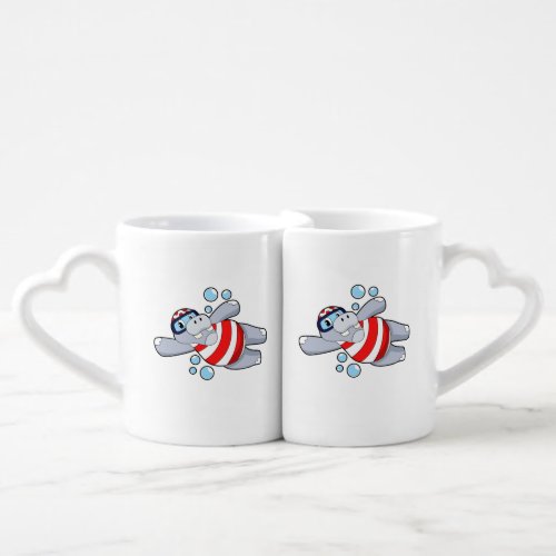 Hippo as Diver with Swimming goggles Coffee Mug Set
