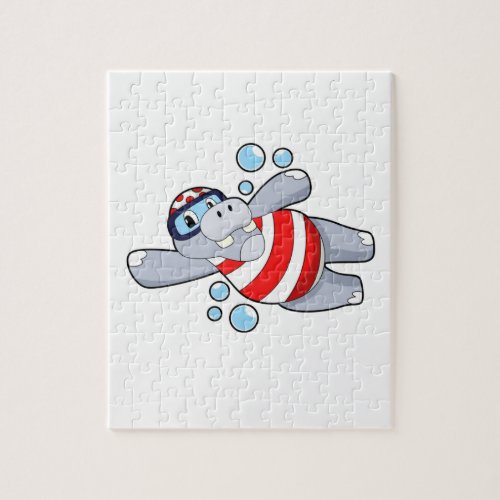 Hippo as Diver with Swimming goggles Jigsaw Puzzle