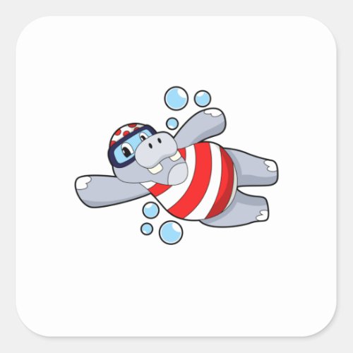 Hippo as Diver with Swimming goggles Square Sticker