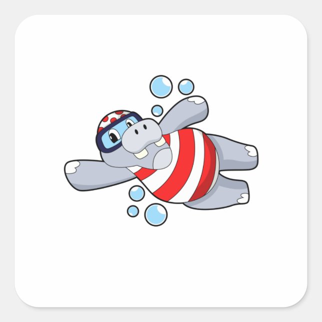 Hippo as Diver with Swimming goggles Square Sticker (Front)