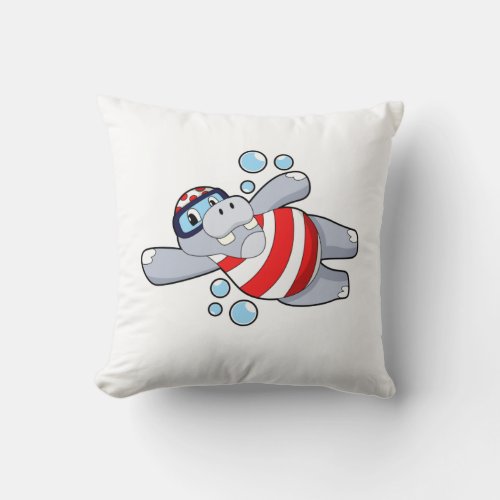 Hippo as Diver with Swimming goggles Throw Pillow