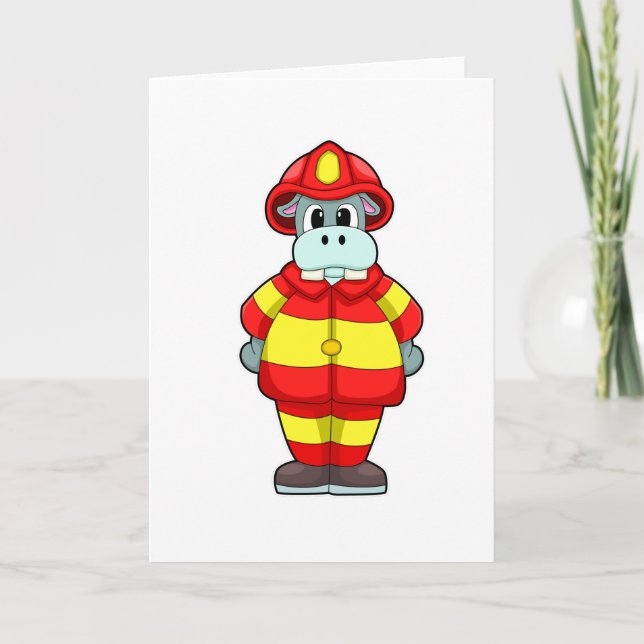 Hippo as Firefighter at Fire department with Hat Card (Front)