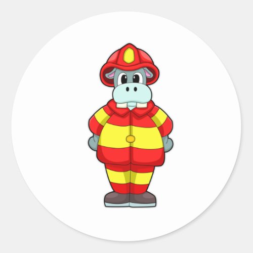 Hippo as Firefighter at Fire department with Hat Classic Round Sticker