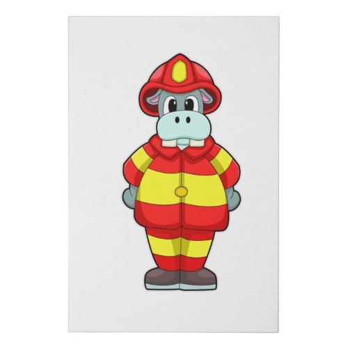 Hippo as Firefighter at Fire department with Hat Faux Canvas Print