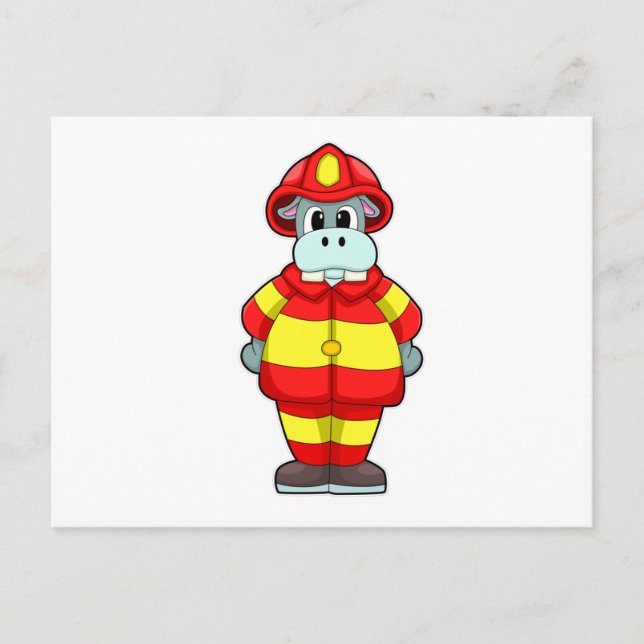 Hippo as Firefighter at Fire department with Hat Postcard (Front)