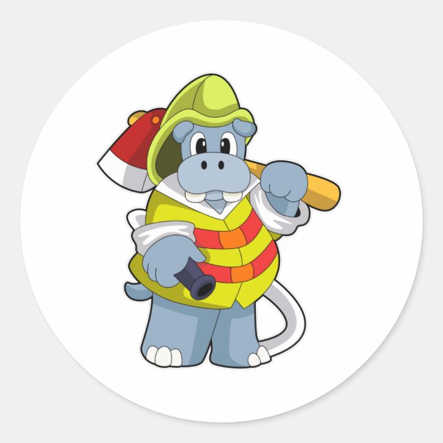 Hippo as Firefighter with Ax Classic Round Sticker (Front)