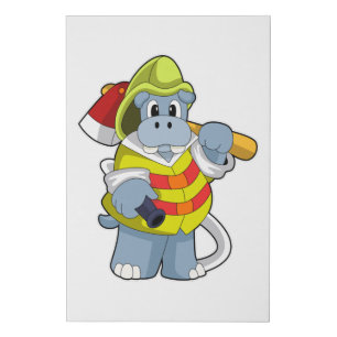 Hippo as Firefighter with Ax Faux Canvas Print