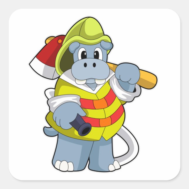 Hippo as Firefighter with Ax Square Sticker (Front)