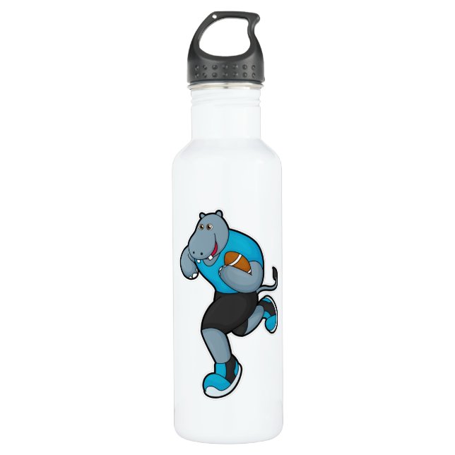 Hippo as Football player with Football Stainless Steel Water Bottle (Front)