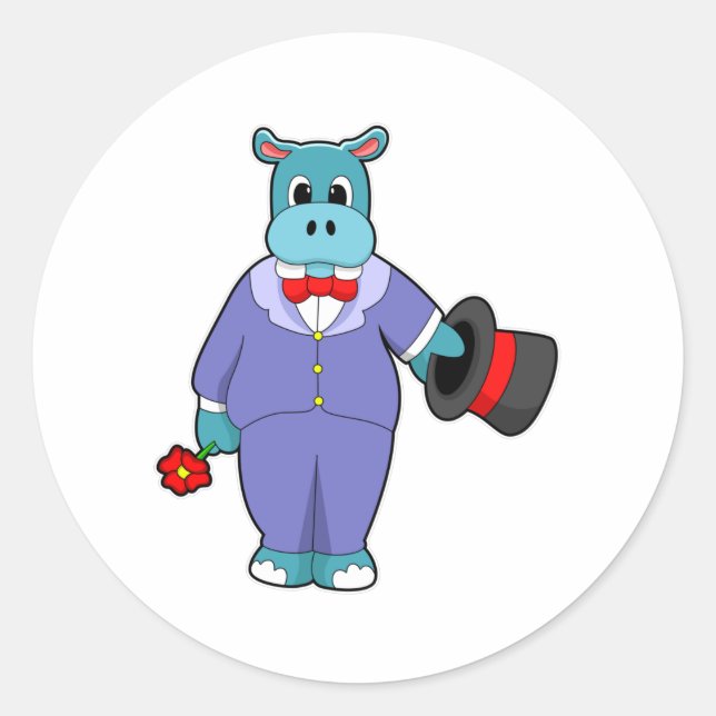 Hippo as Groom with Suit & Rose Classic Round Sticker (Front)