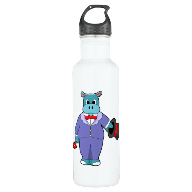 Hippo as Groom with Suit & Rose Stainless Steel Water Bottle (Front)