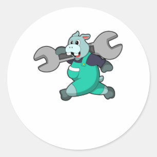 Hippo as Mechanic with Wrench Classic Round Sticker