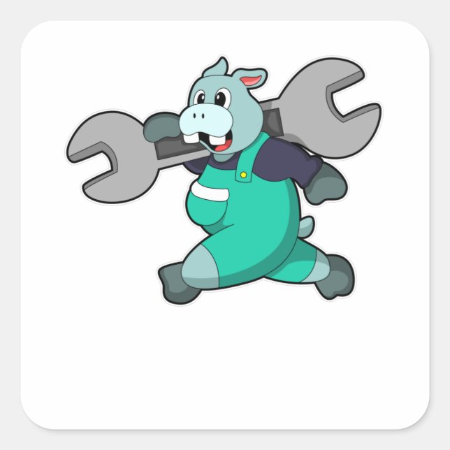 Hippo as Mechanic with Wrench Square Sticker (Front)