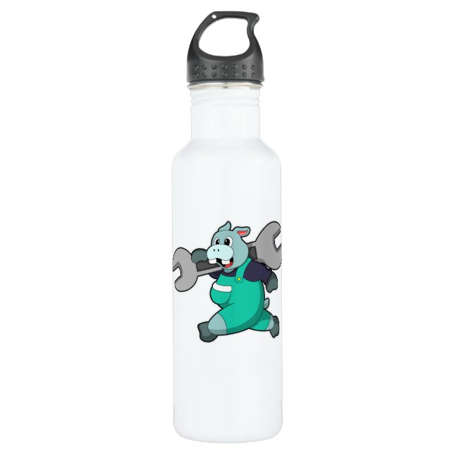 Hippo as Mechanic with Wrench Stainless Steel Water Bottle (Front)