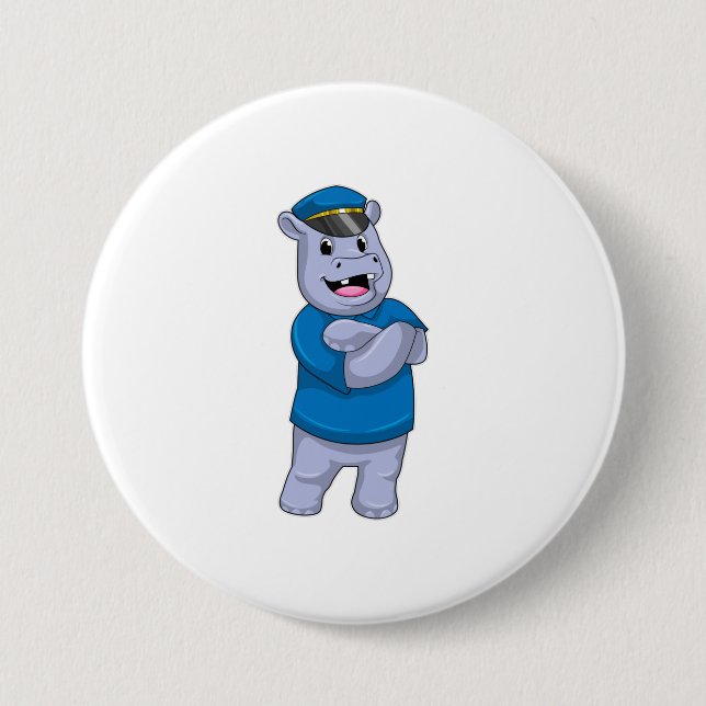 Hippo as Police officer with Police hat Button (Front)