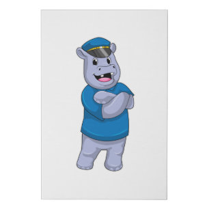 Hippo as Police officer with Police hat Faux Canvas Print