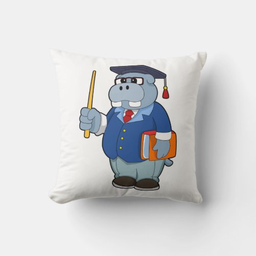 Hippo as Professor with Book Throw Pillow