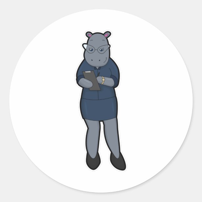 Hippo as Secretary with Notepad & Pen Classic Round Sticker (Front)