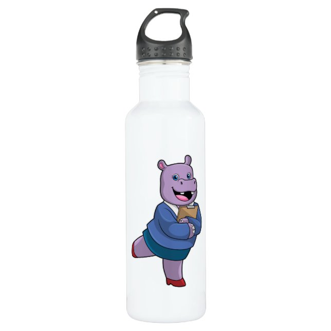 Hippo as Secretary with Notepad Stainless Steel Water Bottle (Front)